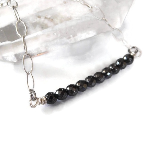 925 Sterling Silver Genuine Real Faceted Onyx Gemstone Bar Protection Necklace - Picture 2 of 8
